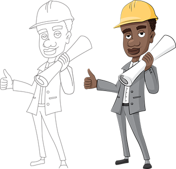 Cartoon Man Wearing A Hard Hat And Holding A Rolled Up Paper