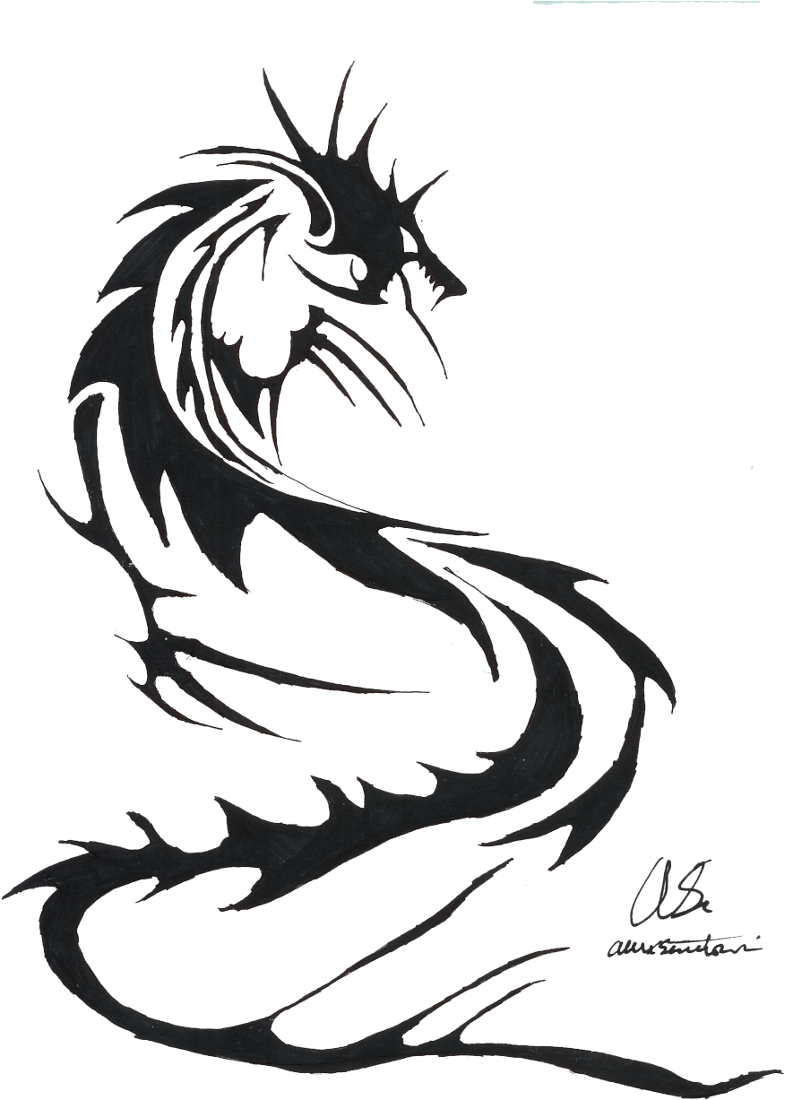 A Black Dragon Tattoo On A Black Background