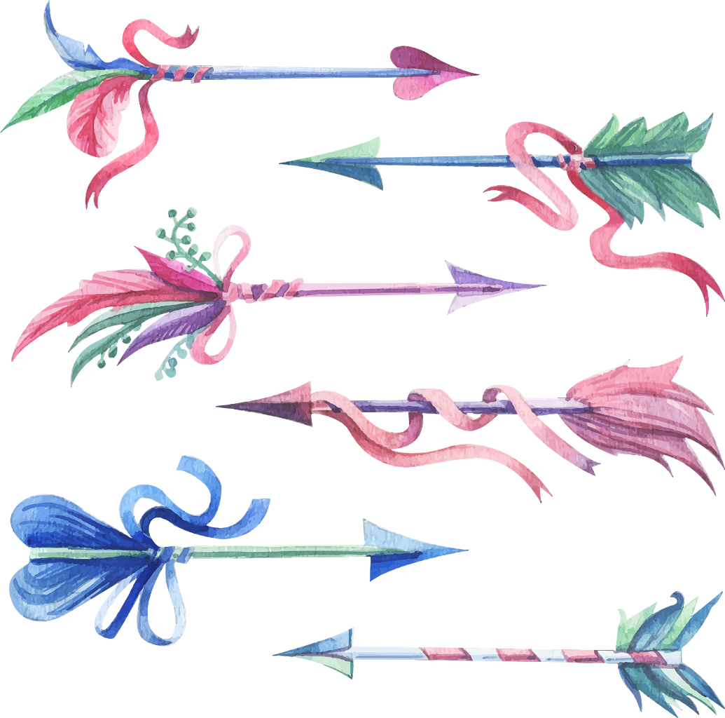 A Set Of Arrows With Feathers And Ribbons