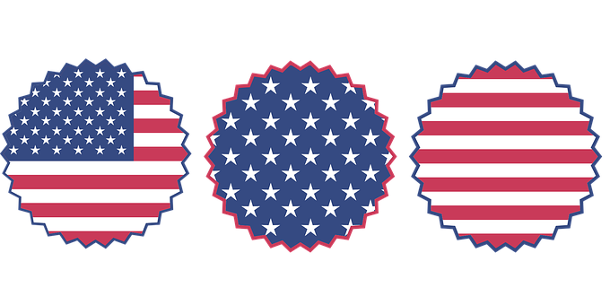 A Group Of Round Red White And Blue Badges With Stars