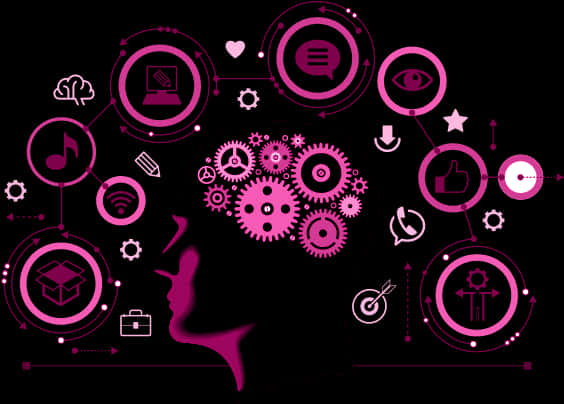 A Pink And Black Silhouette Of A Person's Head With Gears And Icons