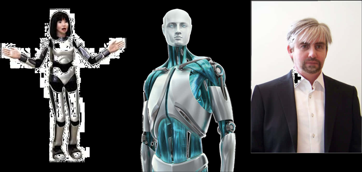 A Man Standing Next To A Robot