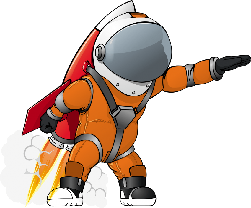 Cartoon An Orange Astronaut With A Rocket Pack Pointing