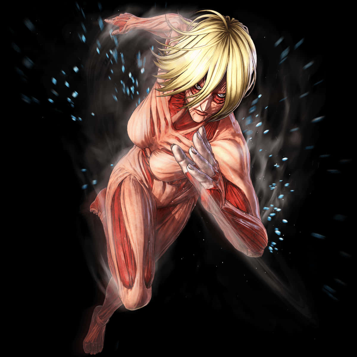 A Woman With Blonde Hair And Red Eyes Running