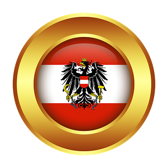 A Gold Circle With A Red White And Black Flag With A Black Eagle