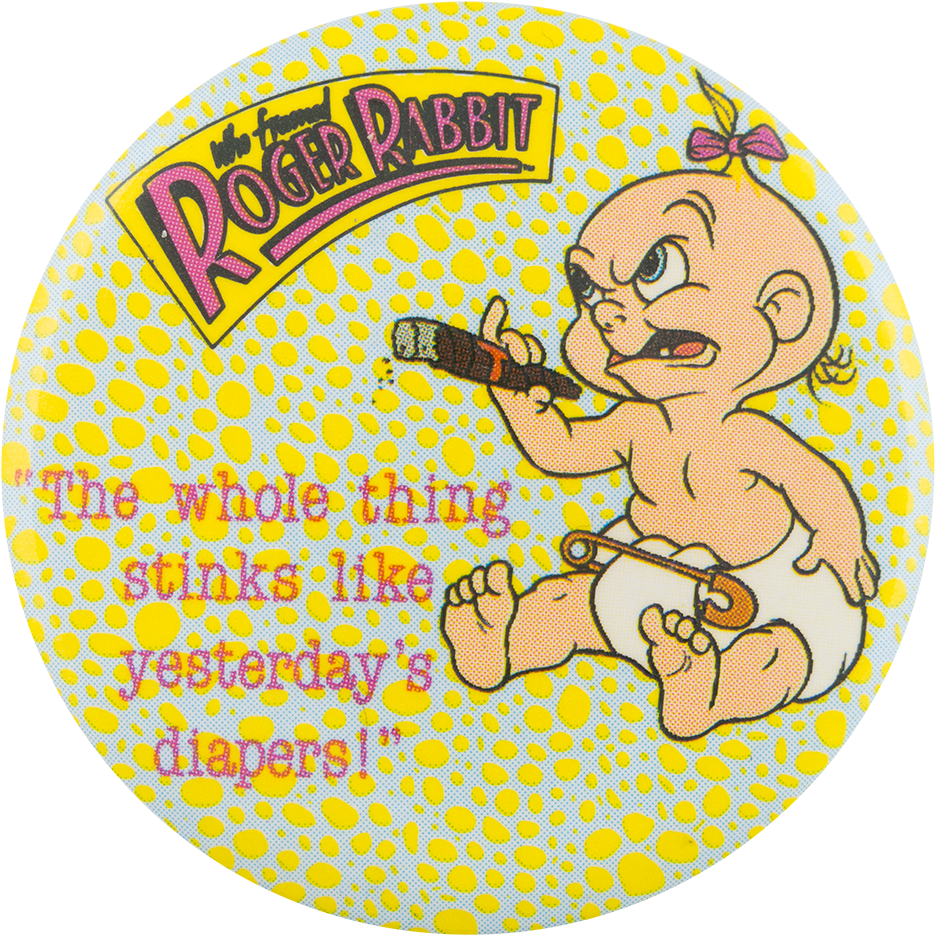 A Round Button With Cartoon Baby Holding A Cigar