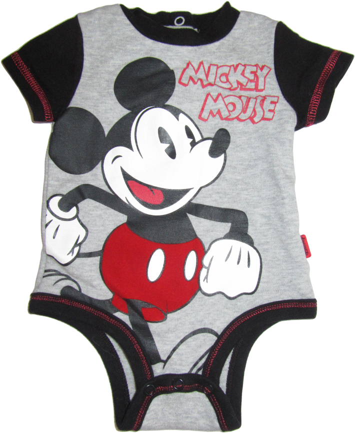 A Grey And Black Baby Bodysuit With A Cartoon Mouse On It