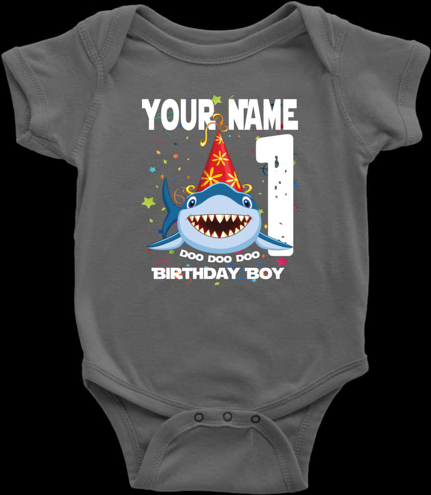 A Grey Baby Bodysuit With A Shark And A Birthday Hat