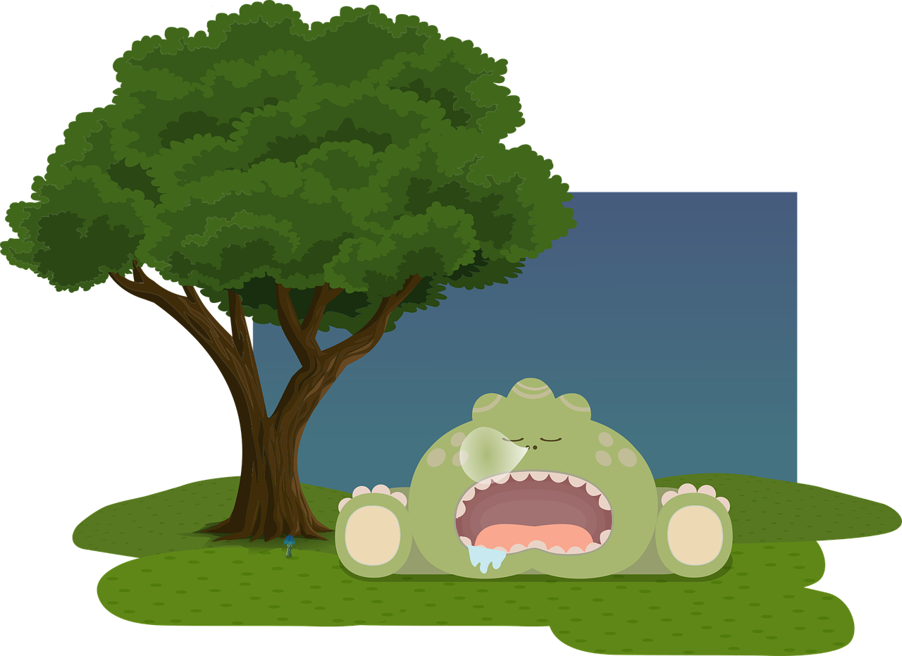 A Cartoon Of A Dinosaur Lying On Grass Under A Tree