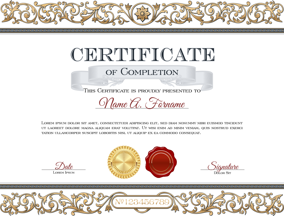 A Certificate Of Completion With Gold And Silver Border