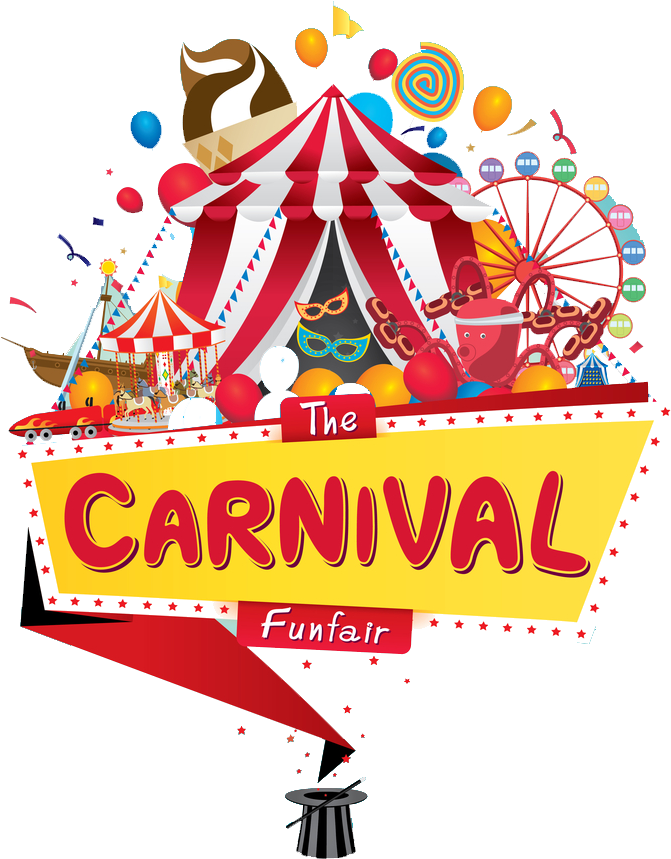 A Red And White Striped Tent With Carnival Objects And Text