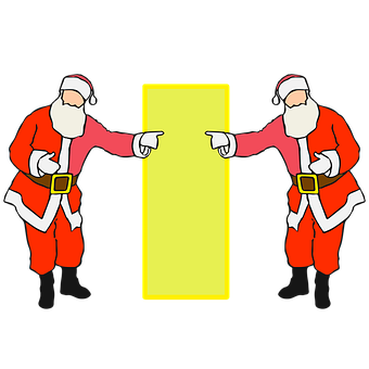 Two Men In Santa Suits Pointing At A Yellow Rectangular