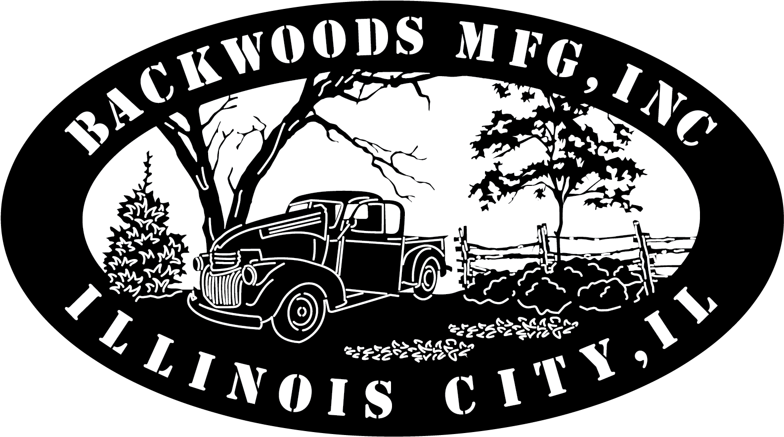 A Black And White Logo With A Truck And A Fence