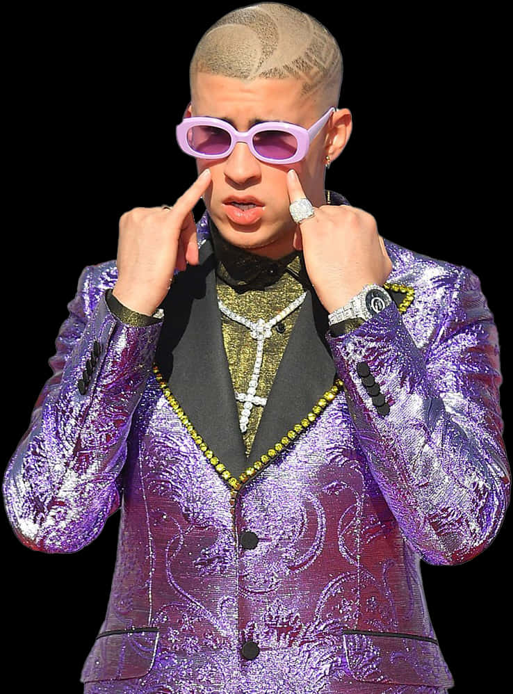 A Man In A Purple Suit And Sunglasses