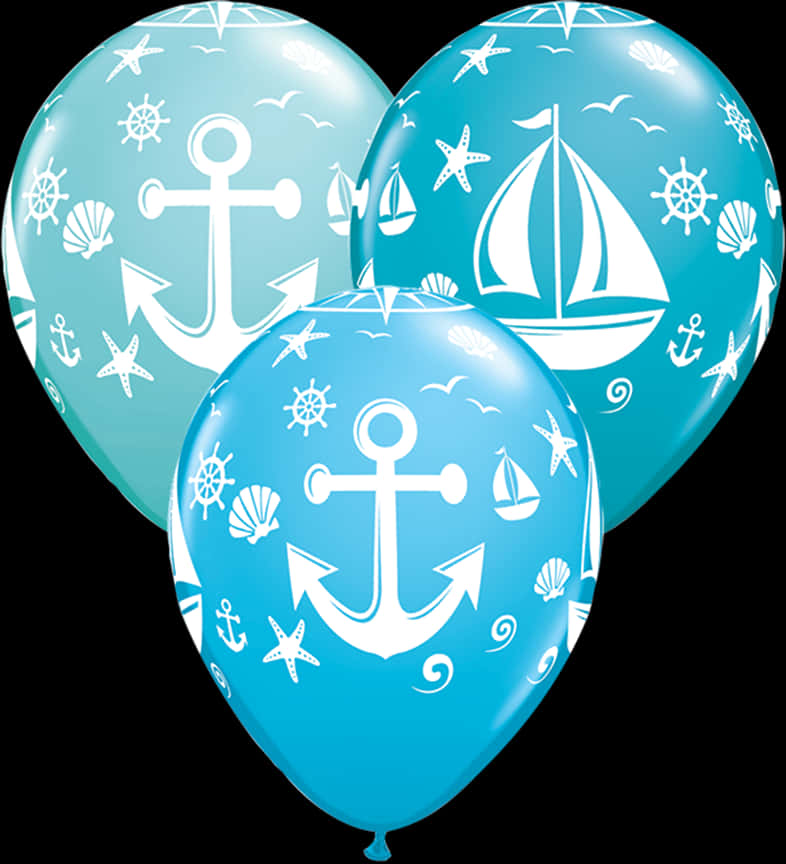 A Group Of Blue Balloons With White Anchors And Shells