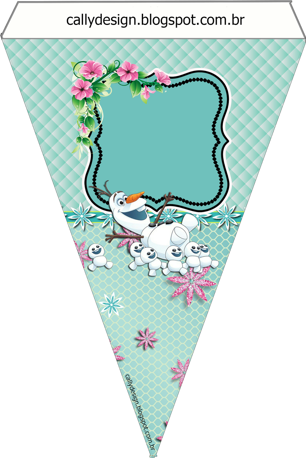 A Blue And Green Triangle Banner With A Snowman And Flowers
