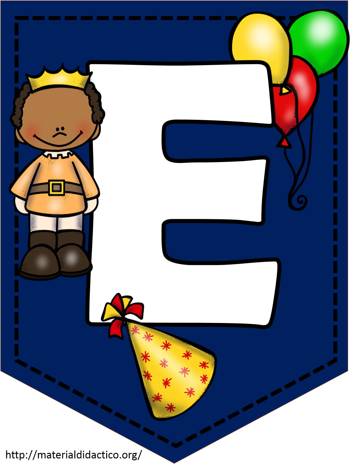 A Letter E With A Cartoon Boy And Balloons