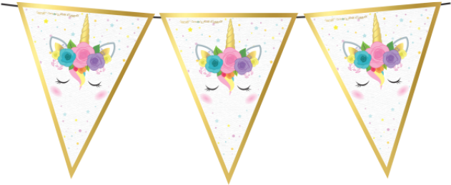 A White And Gold Triangle Shaped Banner With A Unicorn Face And Flowers