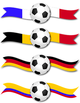 A Group Of Football Balls With Different Colors And Ribbons