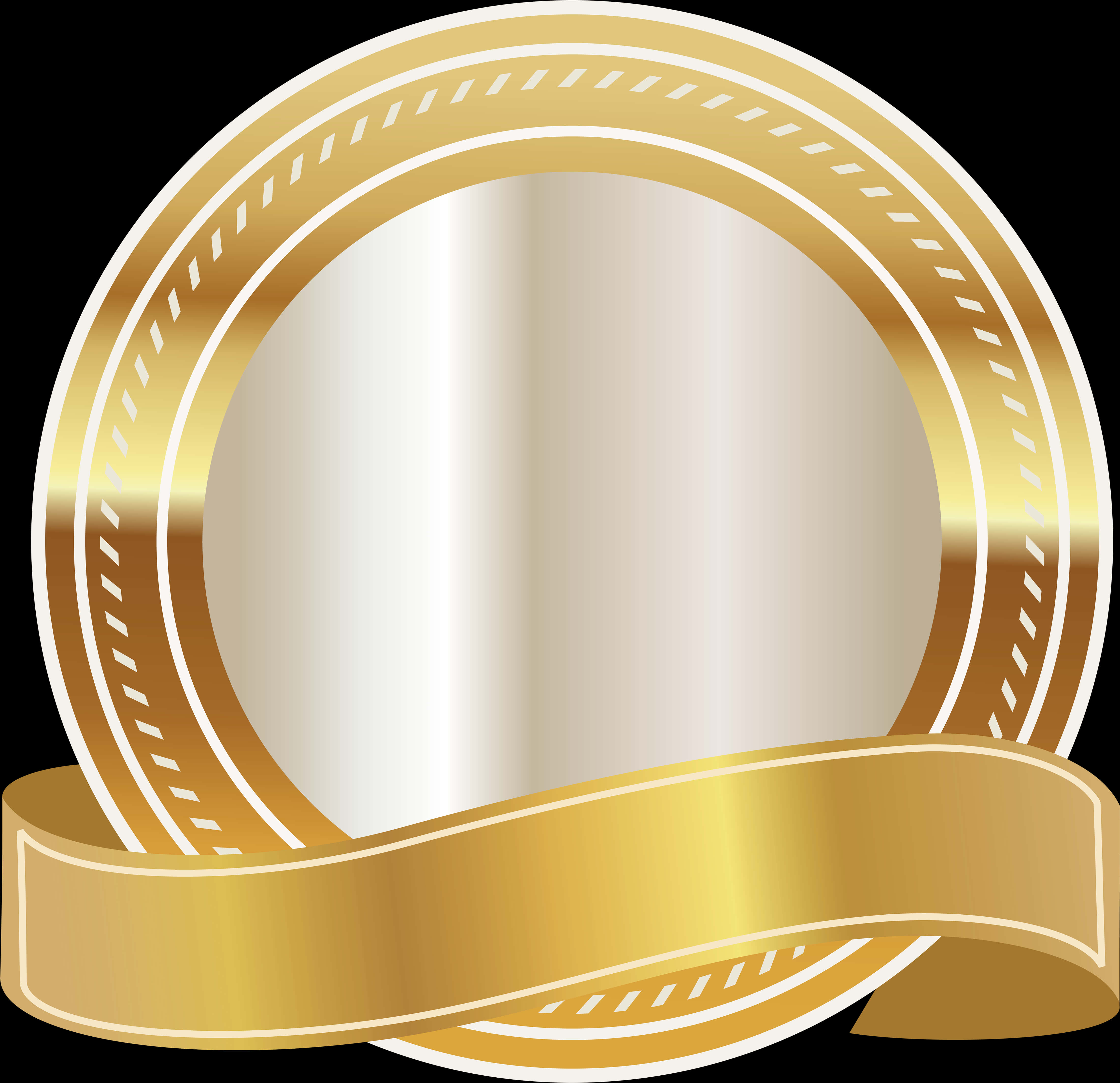 A Gold And White Circle With A Ribbon