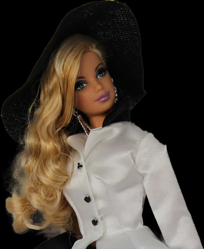 A Doll With Long Blonde Hair And A Black Hat