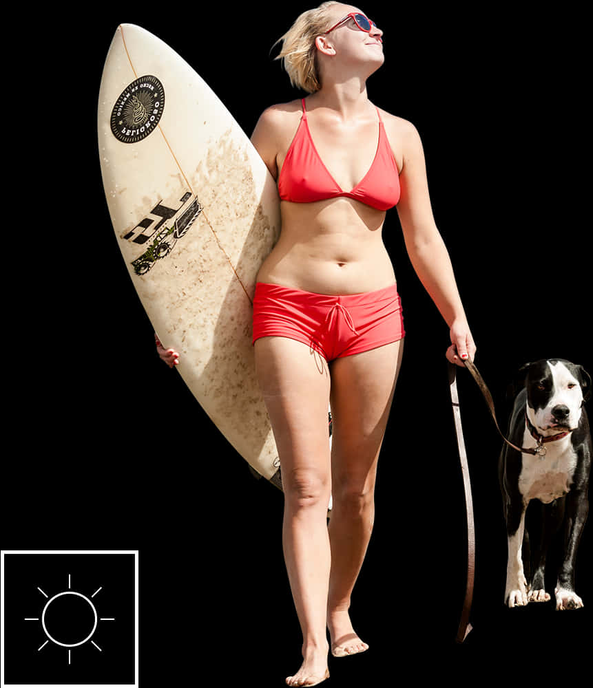 A Woman In A Garment Holding A Surfboard And Walking A Dog