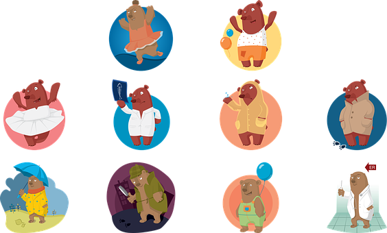 A Group Of Cartoon Bears In Different Poses