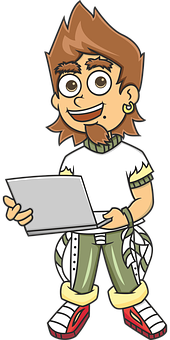 A Cartoon Of A Man Holding A Laptop