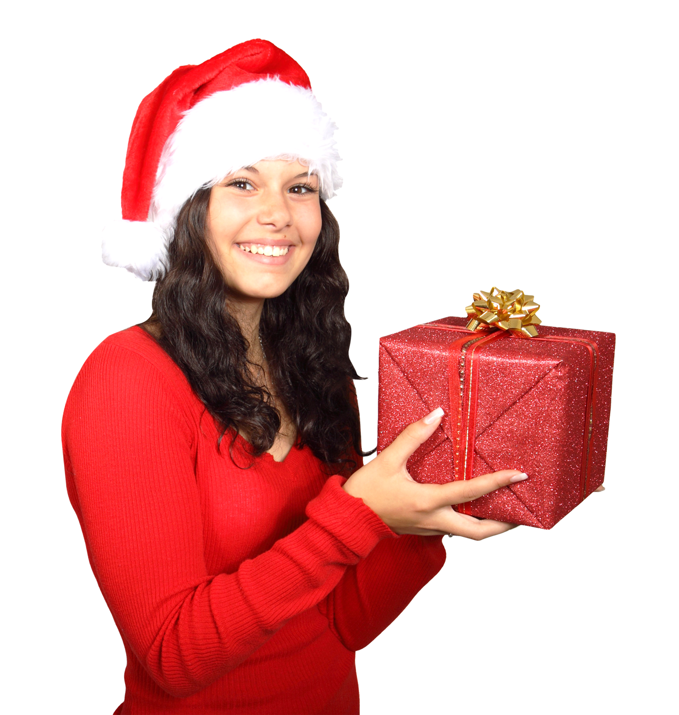 A Woman Wearing A Santa Hat And Holding A Present