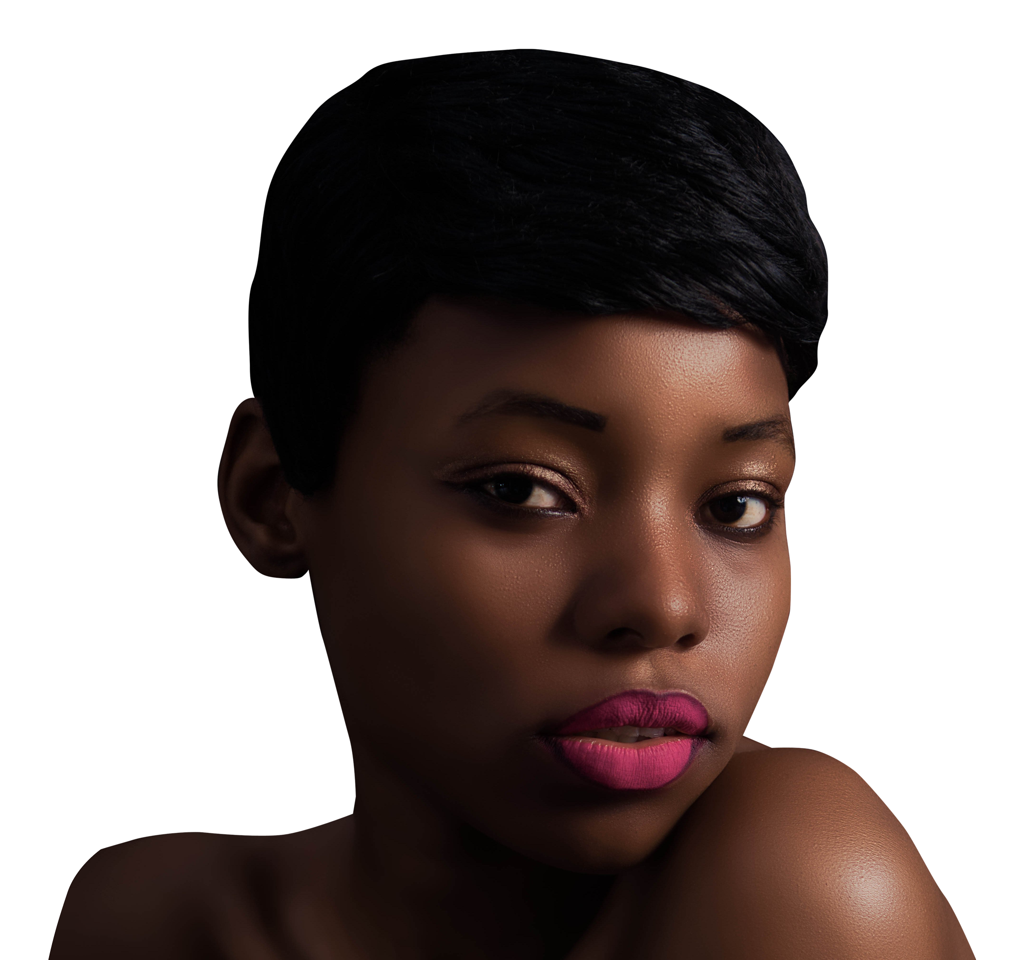 A Woman With Short Hair And Pink Lipstick