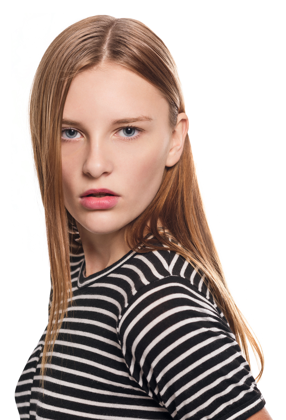 A Woman With Long Hair Wearing A Striped Shirt