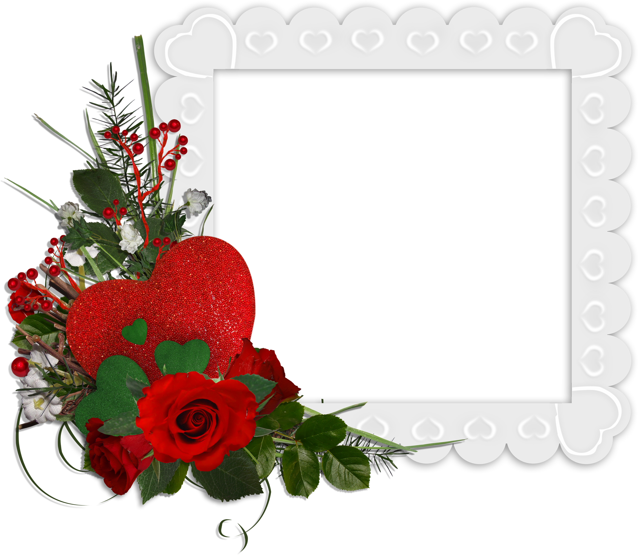 A White Frame With Red Heart And Roses