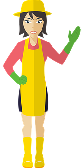 A Woman Wearing A Yellow Apron And Green Gloves