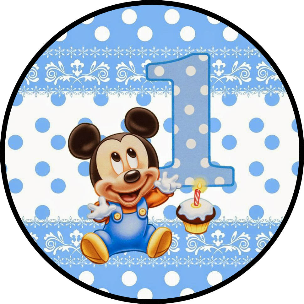 A Blue And White Polka Dot Background With A Cartoon Mouse Holding A Cupcake And A Number One
