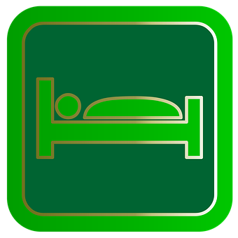 A Green Sign With A Bed And A Person In The Middle