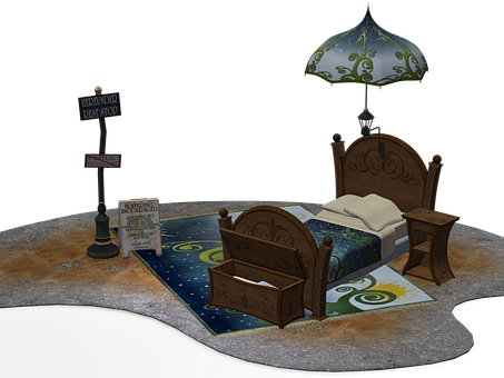 A Bed With A Lamp And Umbrella