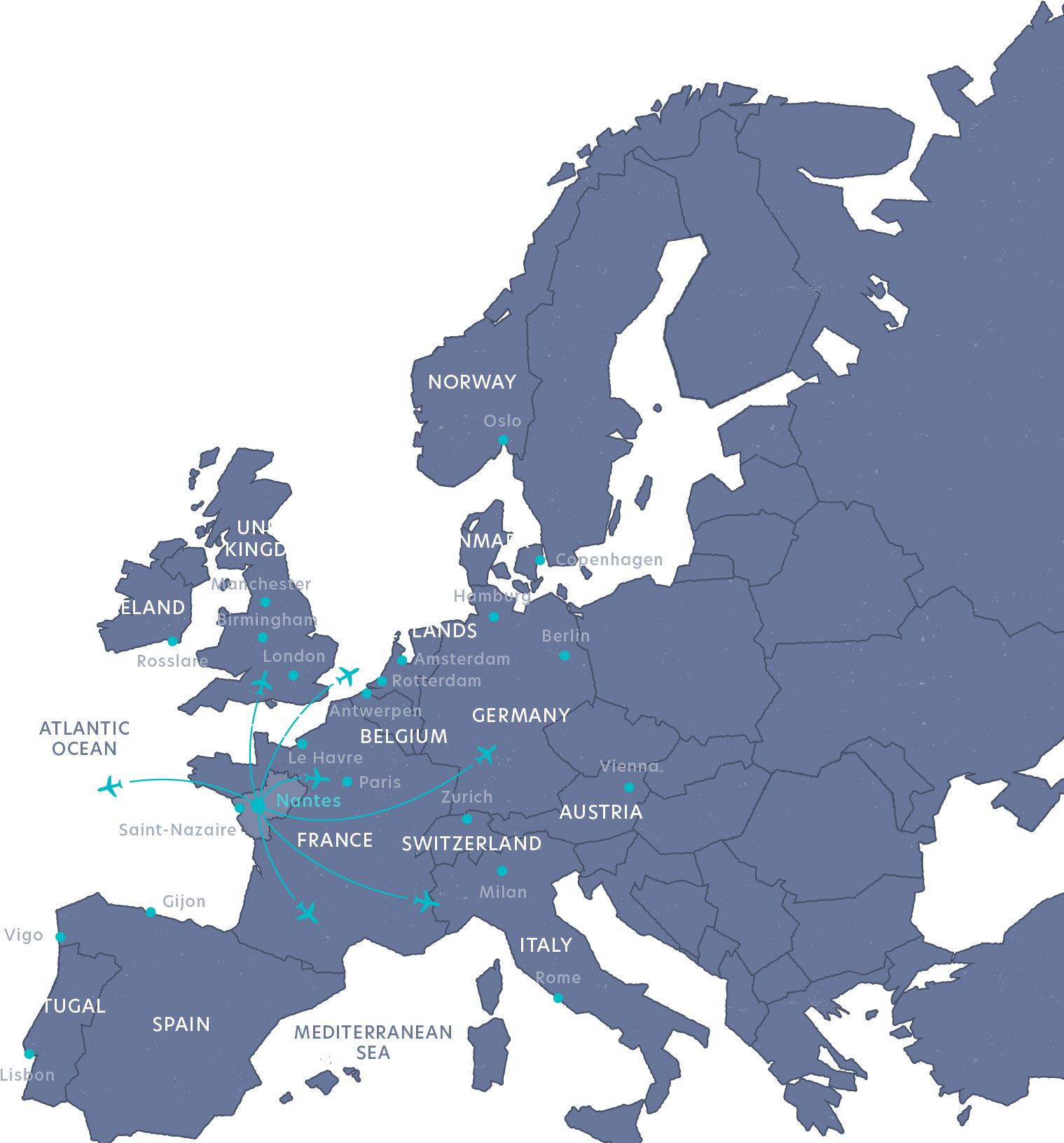 A Map Of Europe With Blue Lines And White Text