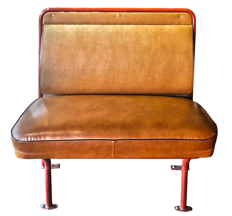 A Brown Leather Chair With Red Metal Legs