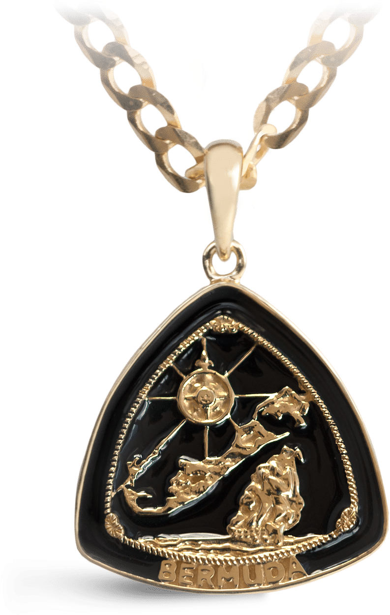 A Gold Necklace With A Black Pendant