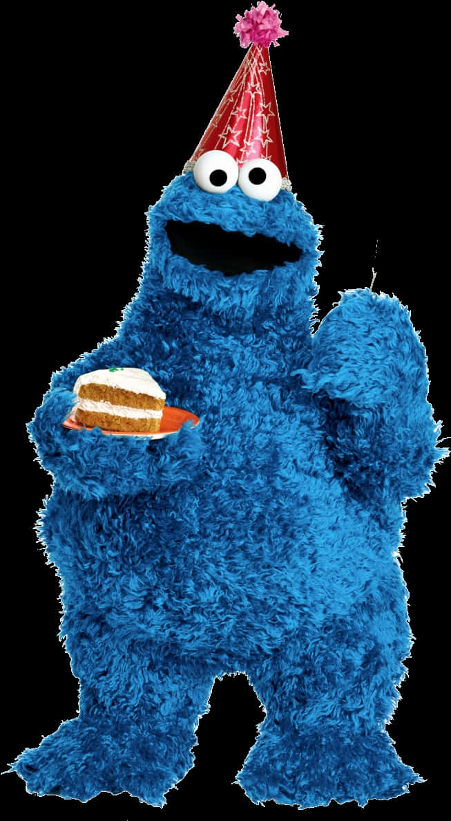 A Blue Puppet Holding A Piece Of Cake