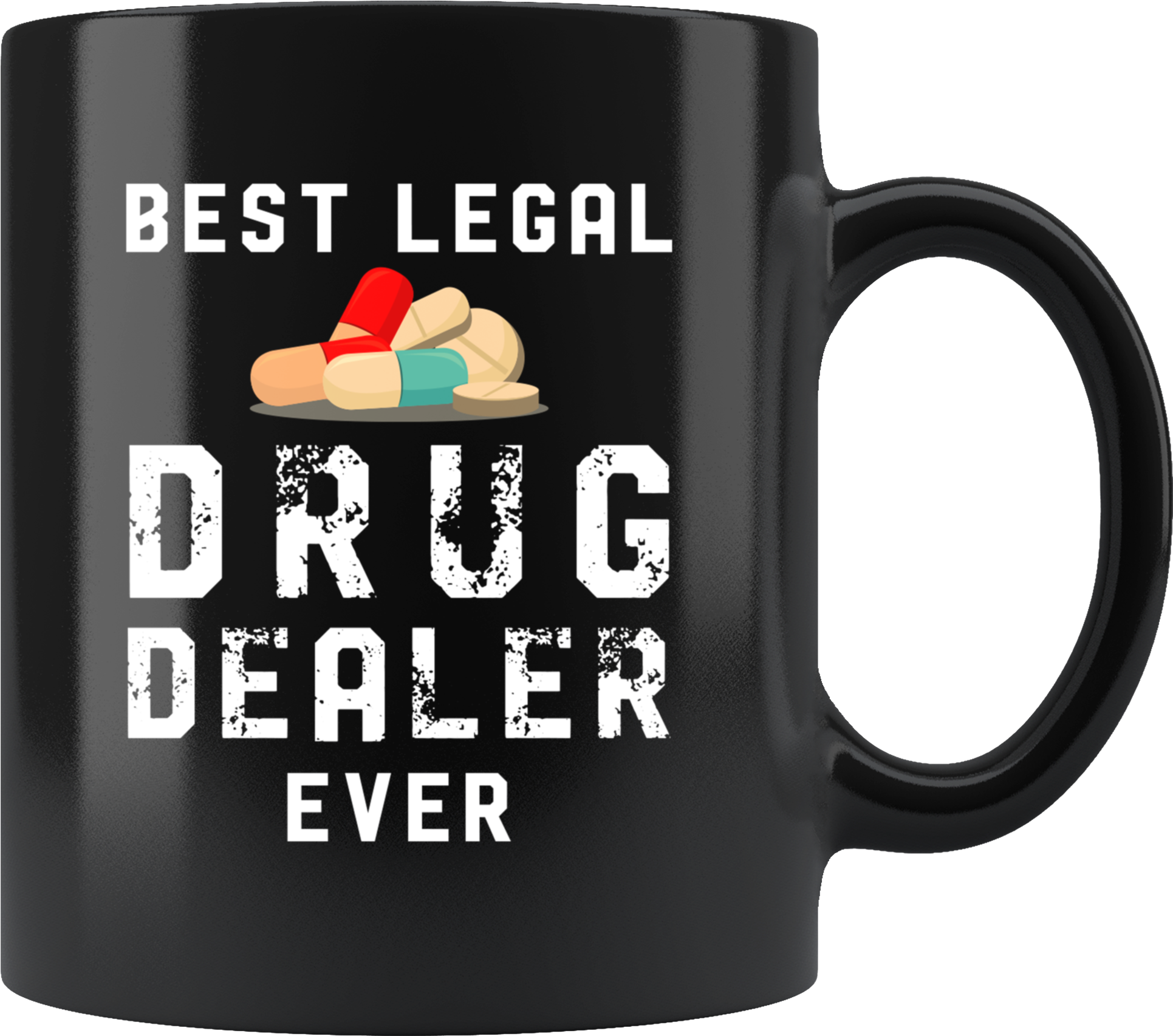 A Black Mug With White Text And Pills On It