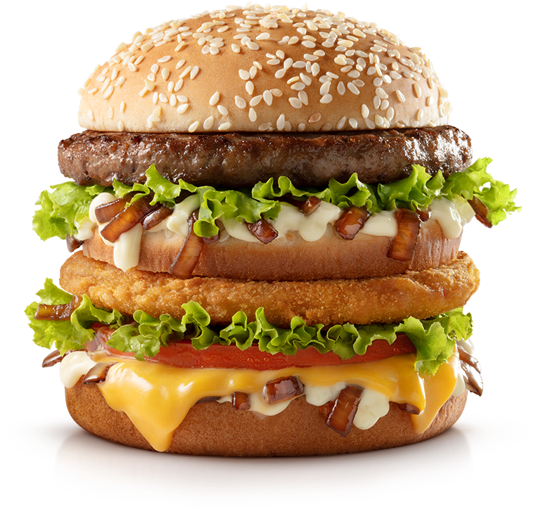 A Large Burger With Multiple Layers Of Meat Patties And Cheese
