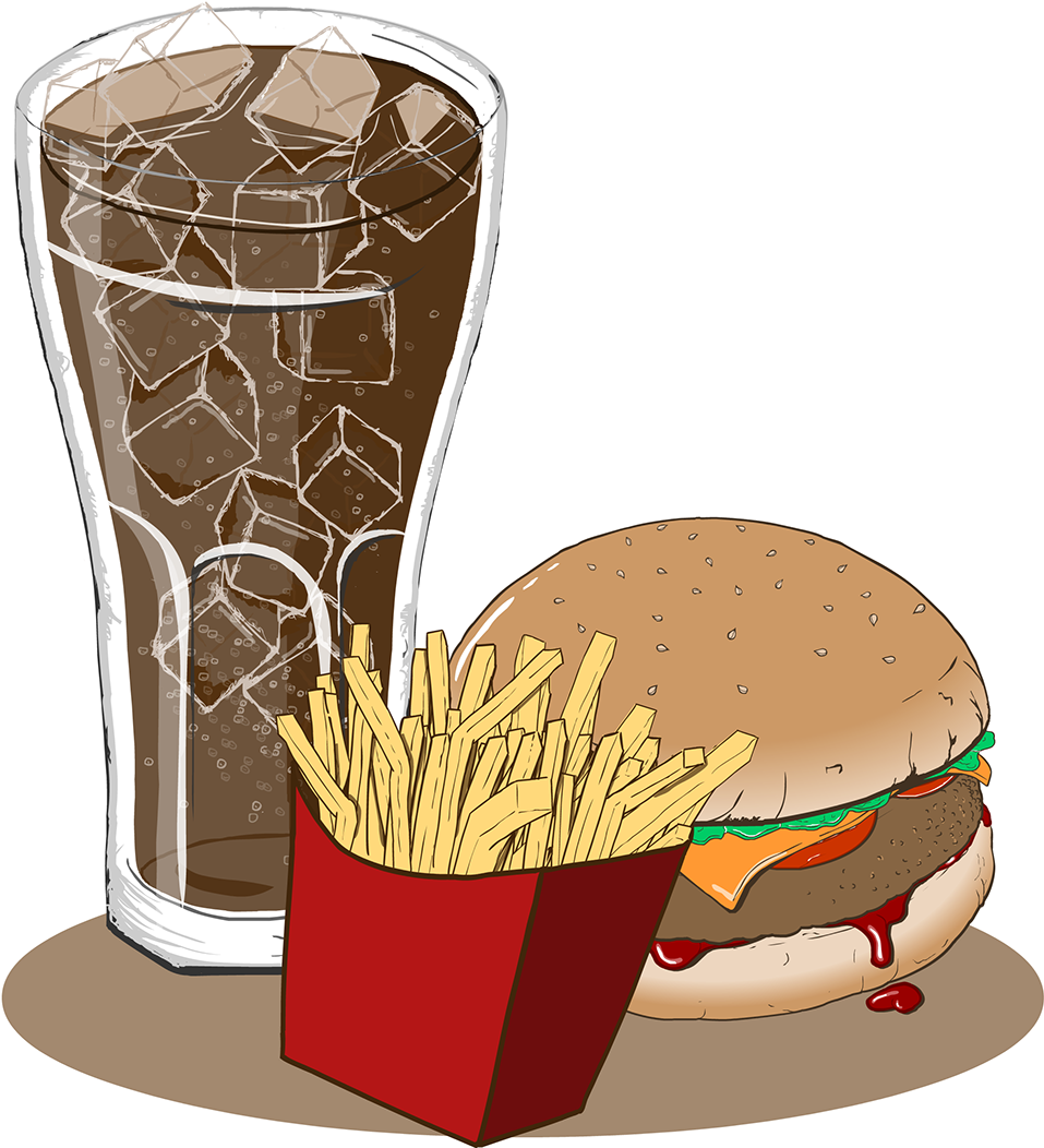 A Hamburger And Fries With A Glass Of Soda