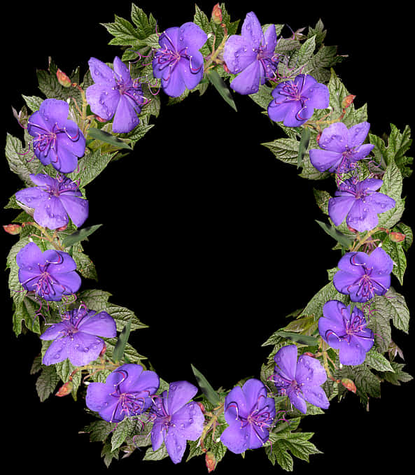 A Wreath Of Purple Flowers And Green Leaves