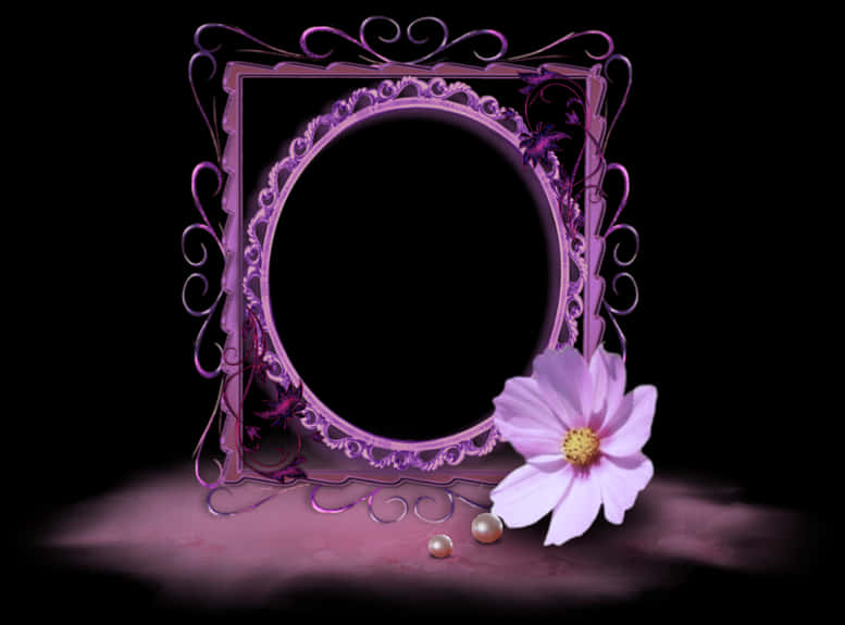 A Purple Frame With A Flower And Pearls