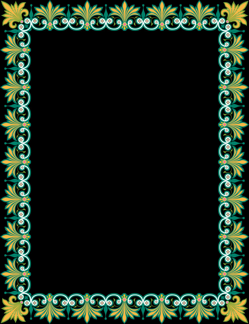 A Black Background With A Black Border With Orange And Green Designs