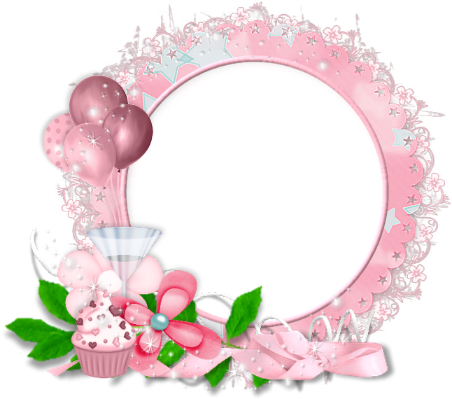 A Round Frame With Pink Balloons And Cupcakes