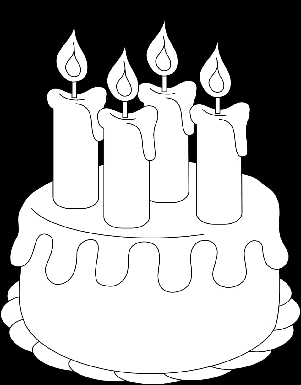 A Black And White Drawing Of A Cake With Candles