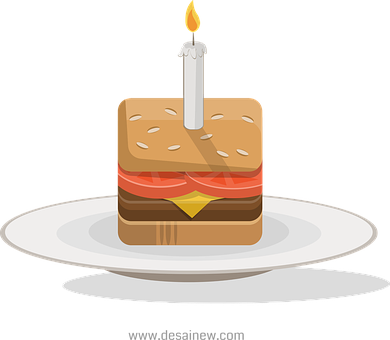 A Burger With A Candle On A Plate