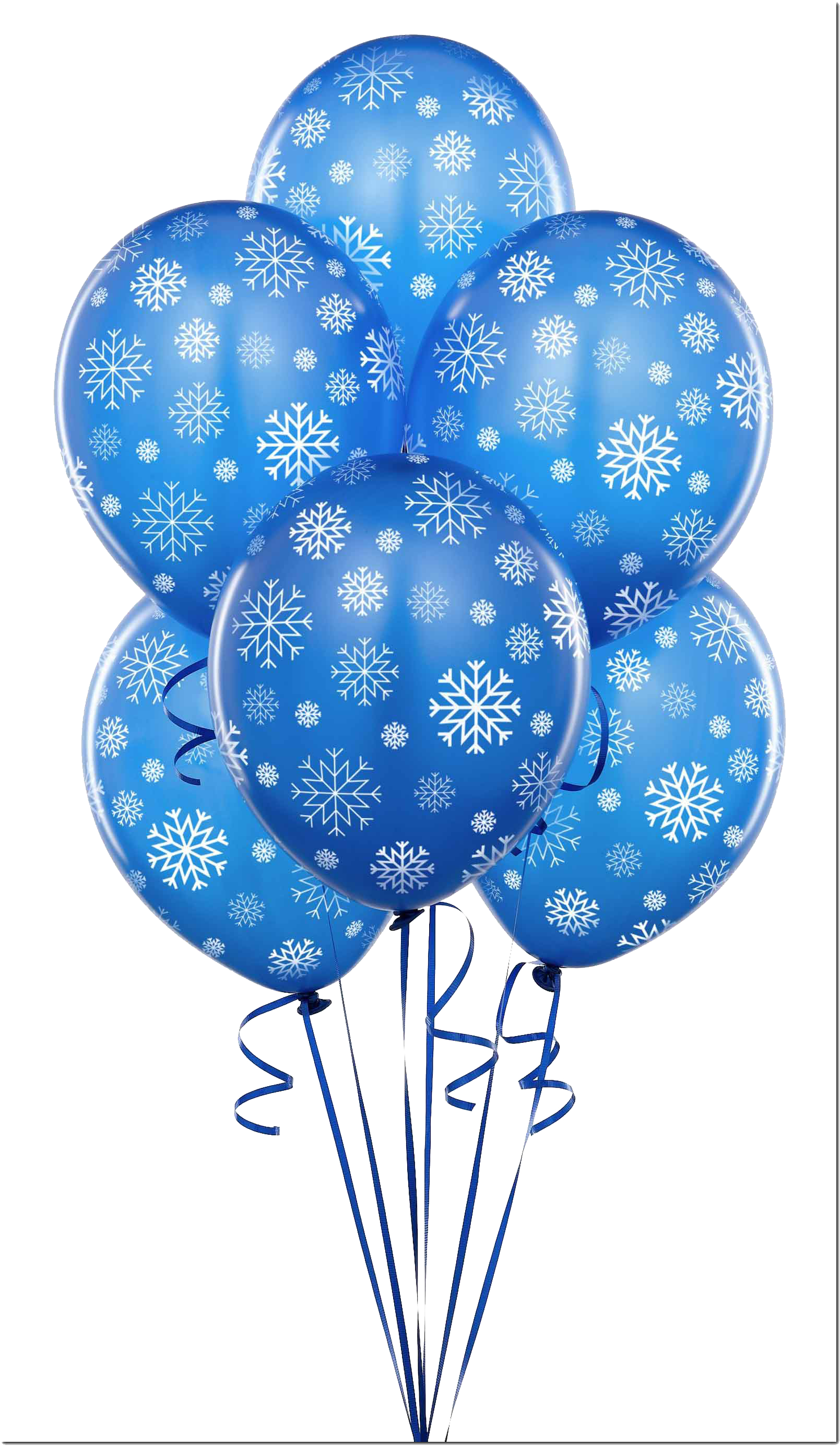 A Bunch Of Blue Balloons With White Snowflakes On Them